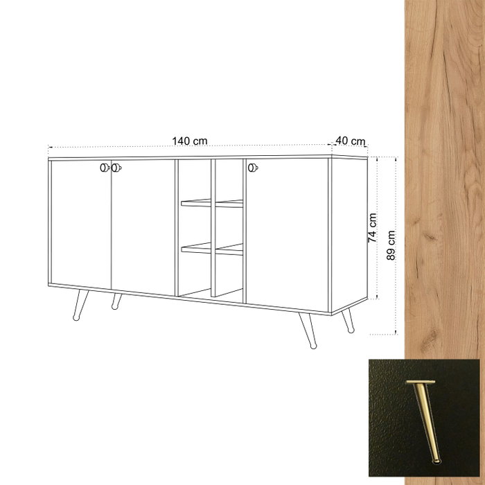Hanah Home Consola Roble y Negro 140cm, Mueble Moderno con Estantes, Madera Roble y Negro, 140x40x89cm